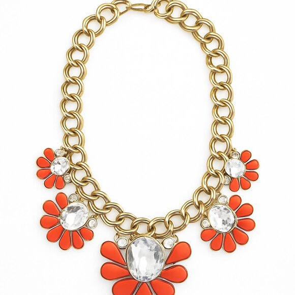 Statement necklace gold tone chunky chain coral orange flower resin Y2K J25 - Picture 2 of 4